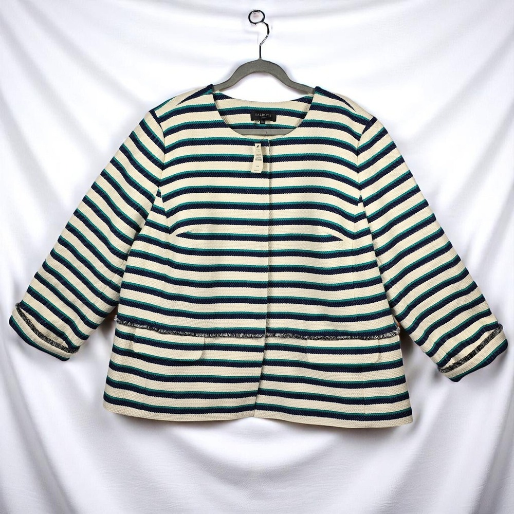 Talbots Striped Tweed Jacket Fringe Trim Hidden Snaps Blazer Woman 24W NWT Lined